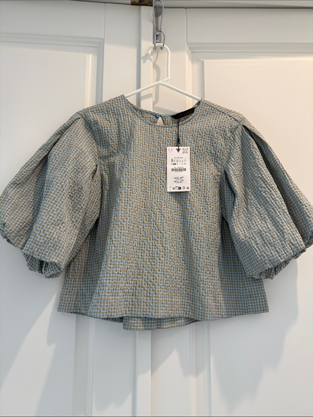Zara Women’s Puff-Sleeve Top in Sage Check - crop With Balloon Sleeves